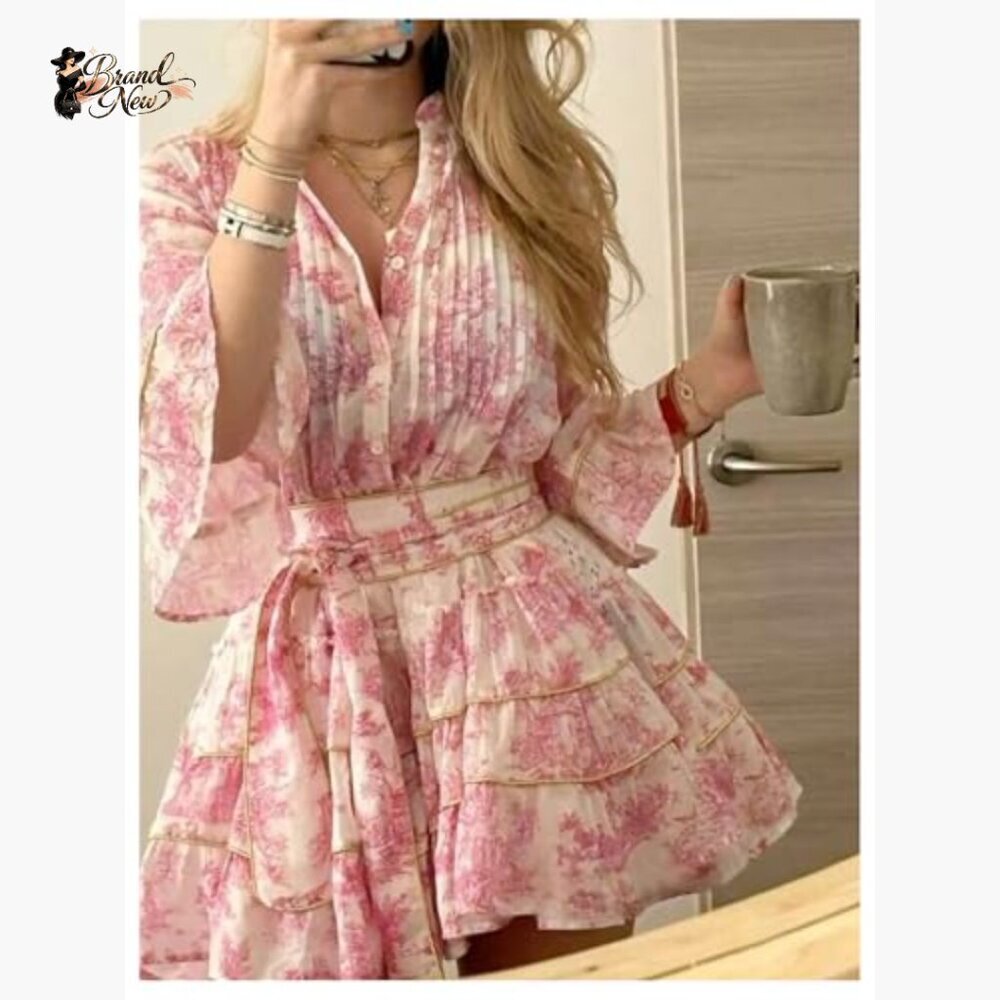 Floral Ruffle Mini Dress 3/4 Sleeve V Neck Boho Vacation Casual - Picture 3 of 5